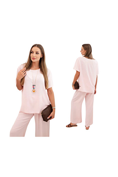 Kesi Set de damă roz pudrat: bluză lejeră cu pandantiv și pantaloni largi
