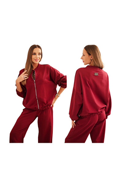 Kesi Set de damă vișiniu: hanorac supradimensionat cu fermoar + pantaloni cu ...