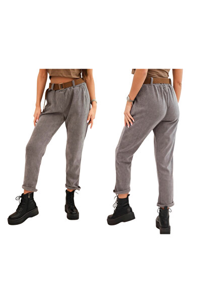 Kesi Ciemno szare spodnie damskie sztruksowe z wysokim stanem i paskiem