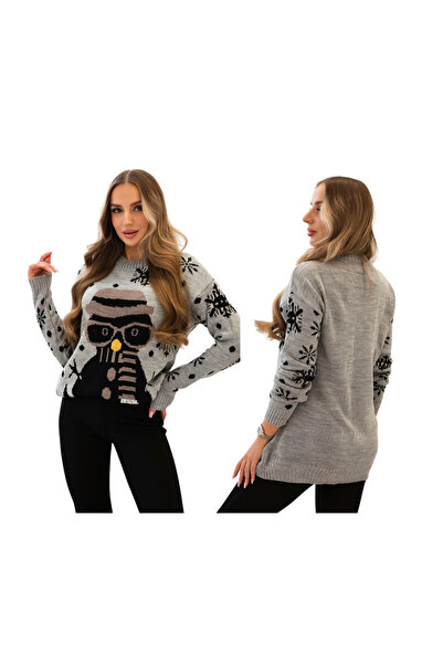 Kesi Szary sweter damski świąteczny z bałwankiem w okularach i śnieżynkami
