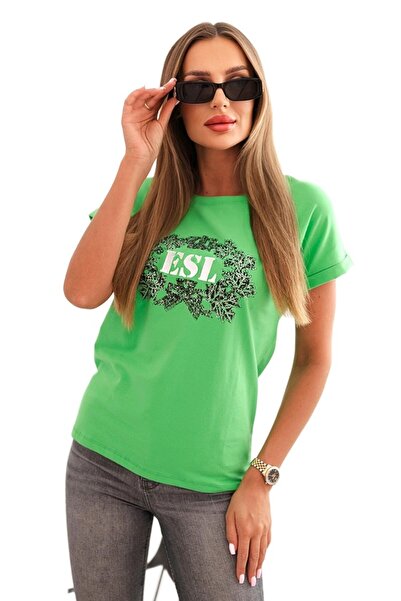 Kesi Bluzka damska bawełniana z ozdobnym nadrukiem ESL zielona
