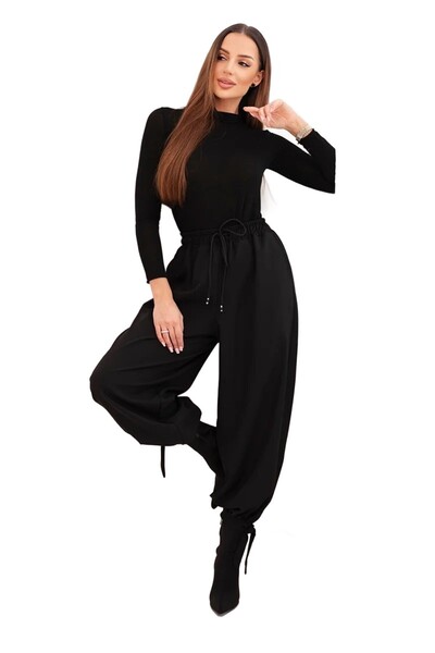 Kesi Pantaloni largi negri pentru femei, cu legături în partea de jos