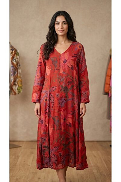 Rabiossa Women's Patterned Italian K Linen O Oversized Maxi Dress