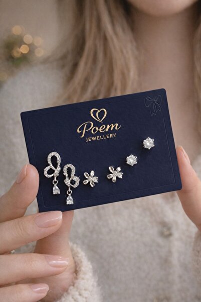 POEM JEWELLERY 925 Ayar Gümüş Zirkon Taşlı 3 Çift Küpe Seti ( Pimli-Çivi ) Fi...