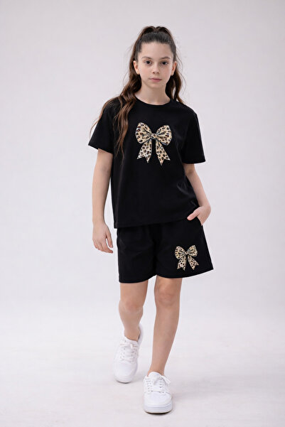 EYLÜL ELİF BUTİK Girls' Summer Shorts Set Leopard Bow Printed Comfortable Fit...
