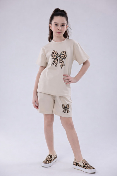 EYLÜL ELİF BUTİK Girls' Summer Shorts Set Leopard Bow Printed Comfortable Fit...