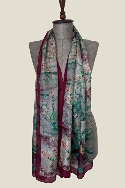 Pure Silk Atelier %100 Saf İpek Van Gogh Badem Çiçeği Desenli Lüks Fular - Sa...