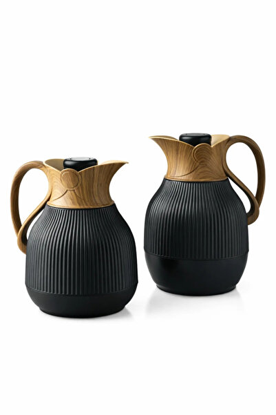 Urbanza 2 Pcs Modern Black Thermos Set Wood Design Vacuum Flask Insulated Cof...