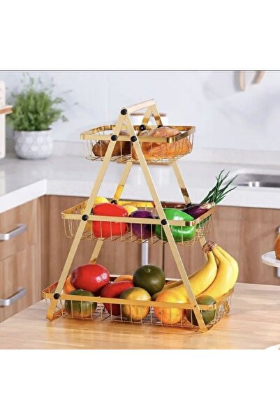 GENERAL سلة فواكه وخضروات معدنية بثلاث طبقات – منظم مطبخ أنيق باللون الذهبي –...