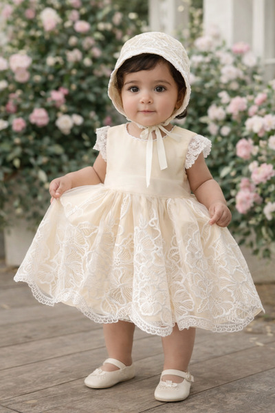 La reina petite Luxurious cream-yellow Lace dress for Eid and special occasio...