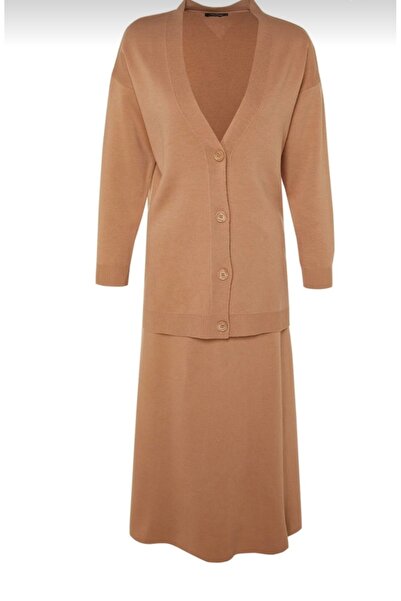RANO-BOUTİQUE Camel brown knit cardigan and skirt set