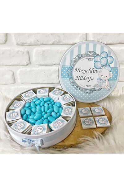 Sweet Story 100 Adet+200 Gr Drajeli Mavi Ayıcık Temalı İsme Özel Hoşgeldin Er...