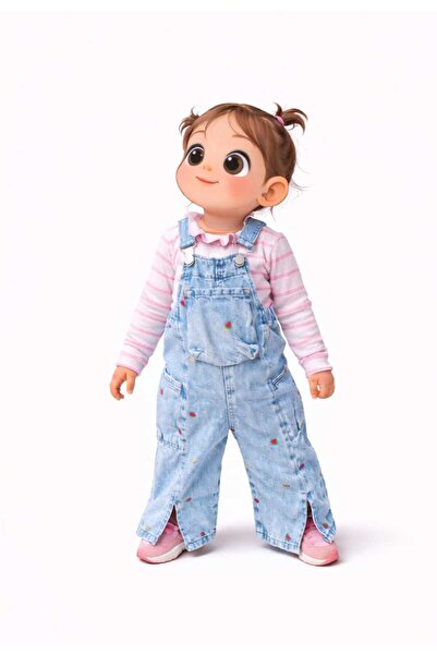 OliveYouMom Çilek Nakışlı Kız Çocuk Kot Salopet Tulum