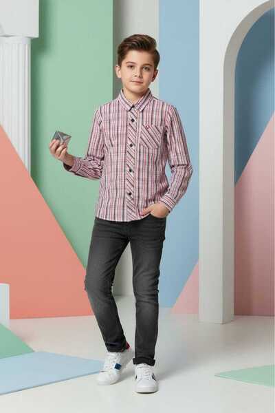 STITCH by MH Boys Pink & Grey Plaid Check Long Sleeve Shirt Dual Chest Pocket...