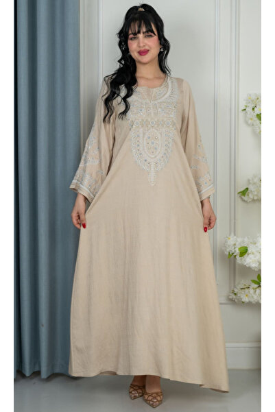 TREN Silver Motif Jalabiya with Relaxed Fit Cotton Material and Detailed Ston...