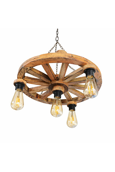 Mutluhan Desing Doğal Ahşap Tekerlek Avize 4 Ampullü Rustik El Yapımı Dekorat...