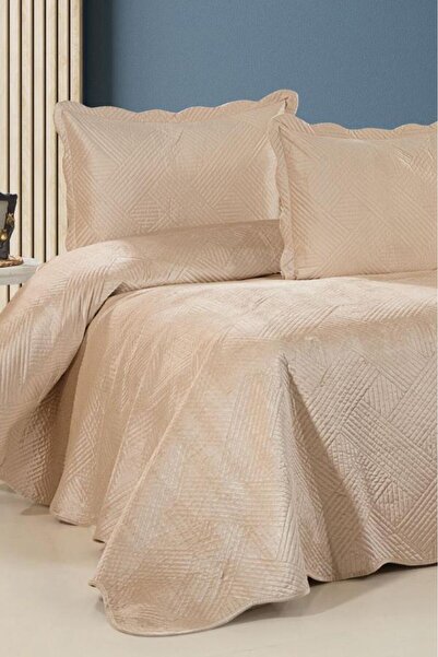 Çeyiz Diyarı Gona Luxury Velvet Double Bedspread Beige