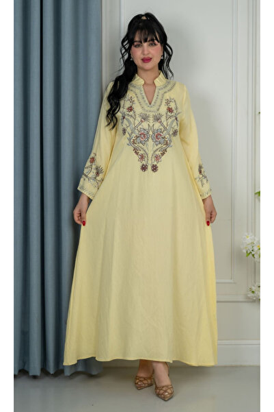 TREN Flowing Yellow Cotton Maxi Jalabiya Modest Long Sleeve Embroidered Dress...