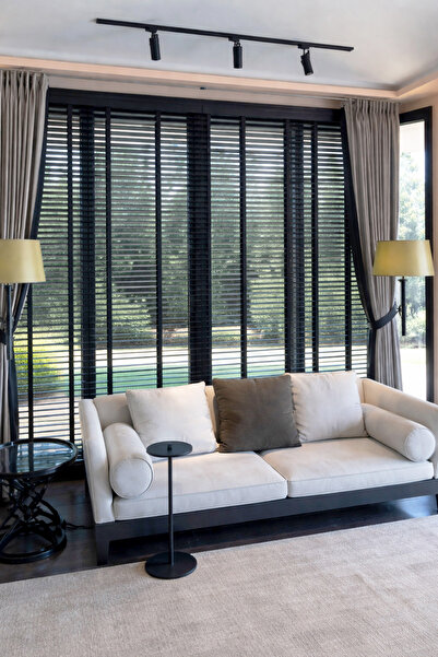 N.Luxury Antrasit 50mm %100 Gerçek Ahşap Jaluzi Perde Redüktörlü Zincir Mekan...