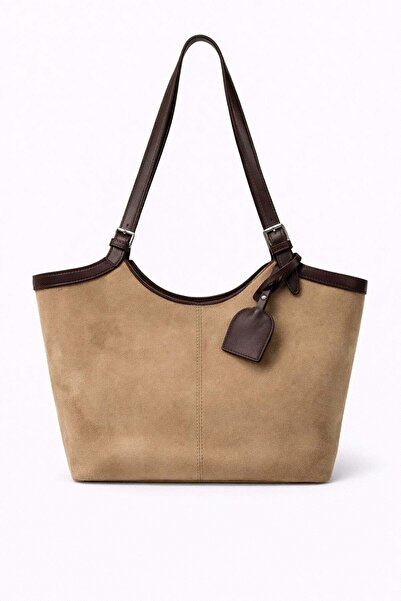 Mixray 2067 Femei piele întoarsă Charm Detaliat Mărime Medie geantă de umăr Bej