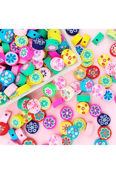 Armada 50 Pieces of Mixed Color Round Floral Print Hole Fimo Dough Beads (Diameter: 8mm)