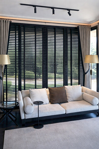 N.Luxury Siyah 50mm %100 Gerçek Ahşap Jaluzi Perde Redüktörlü Zincir Mekanizm...
