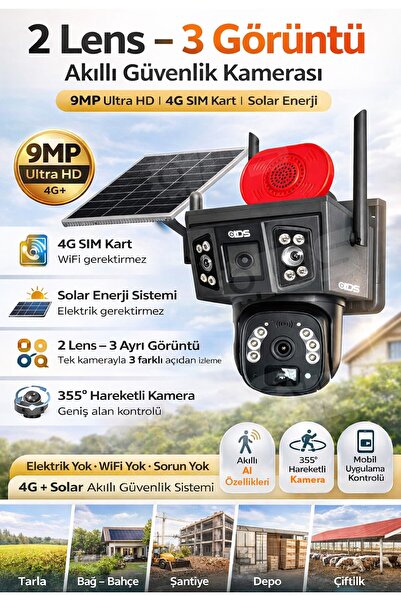 IDS 2 Lens 3 Görüntü 9MP 360 4G Solar Güneş Enerjili Kamera - Güvenlik Kamera...