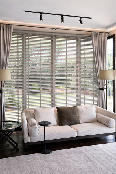 N.Luxury Taş Gri 50mm %100 Gerçek Ahşap Jaluzi Perde Redüktörlü Zincir Mekani...