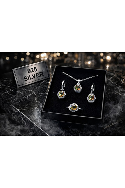 ALTINER 925 Ayar Gümüş Sultanit Taşlı Altıgen Tasarım Set – Işığa Göre Renk D...