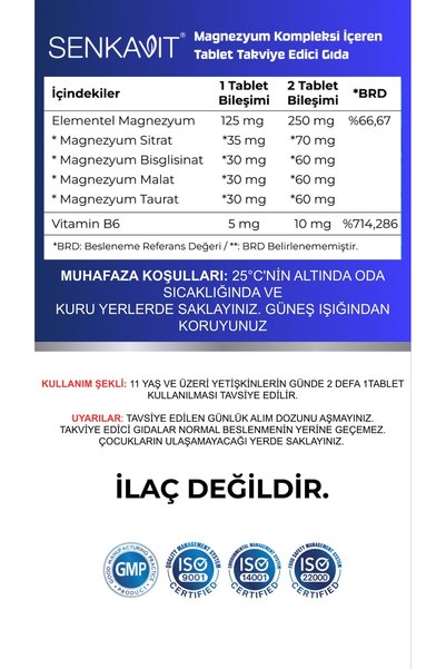 senkavit Magnezyum Kompleks 4 Formlu (Sitrat, Taurat, Malat, Bisglisinat) + Vitamin B6 250 mg 120 Tablet