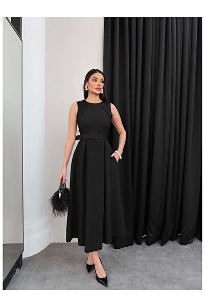 ESRAHELVACI Dantel Detaylı Kemerli Midi Elbise