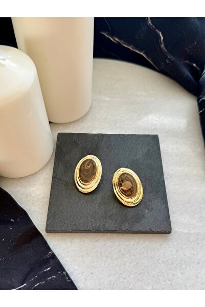 Merishe Jewerly Gold Kahve Mineli Vintage Çivi Küpe