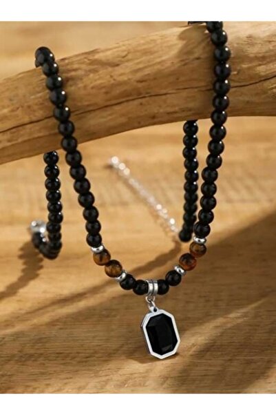 OutfitModa Colier Bărbați din Mărgele cu Ochi de Tigru și Pandantiv – Stil El...