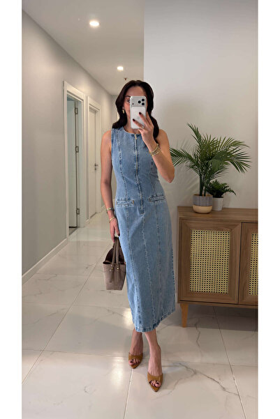 BİRCANÇİL Rochie Costersa Mavi Arkası cu fantă fără mâneci denim