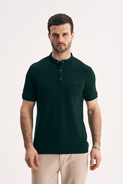SILVANO Erkek Yeşil Slim Fit Hakim Yaka Düğmeli Merserize Dokulu Tişört