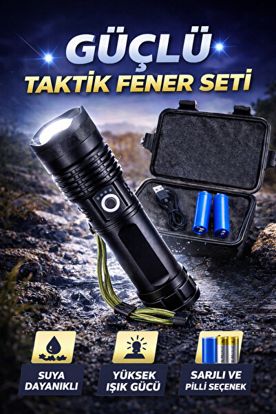 Saule Zoom Özellikli Güçlü Taktik LED El Feneri Şarjlı ve Pilli 5 Mod Kamp Ou...