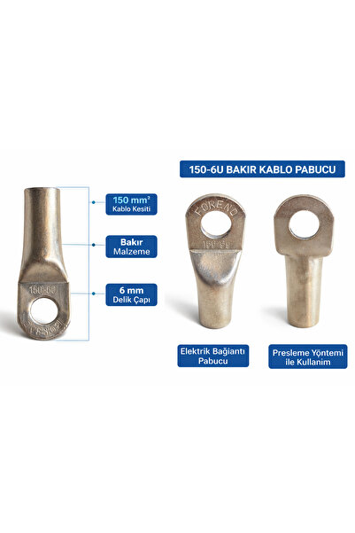 150-6U Bakır Kablo Pabucu | FORKEND | 150 mm² Kablo Ucu | Elektrik Bağlantı Pabucu