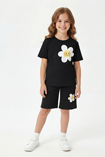 FYK KİDS Round Neck T-Shirt and Capri Pants Set with Print Detail for Girls