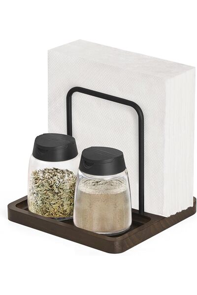 Arabest Brown Wooden Napkin Holder, Rustic Farmhouse Dispenser with Condiment...