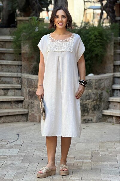 Nevin Kaya Moda Κρεμ Χρώμα Φόρεμα Με κέντημα Λινό