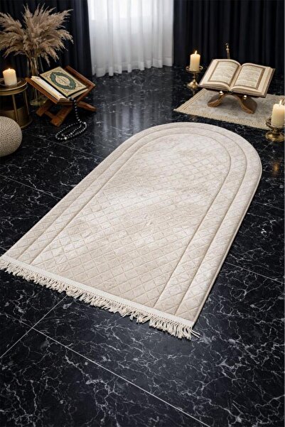 Çeyiz Diyarı Çeyizdiyarı Nesibe Velvet Padded Prayer Mat Beige