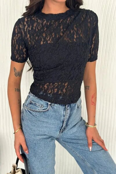 Cool & Sexy Women's Black Lace Short Sleeve Blouse