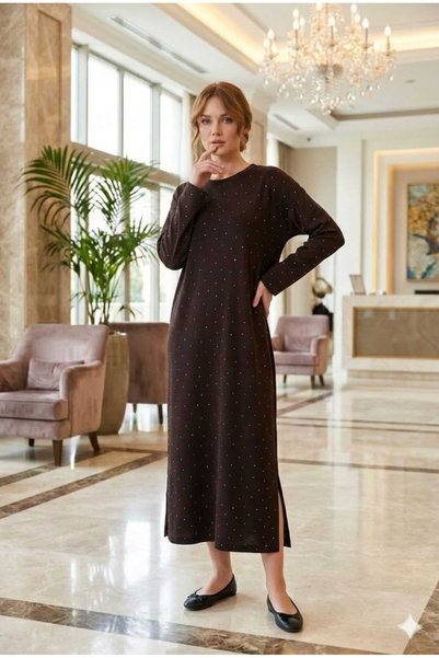 newmisal Women's Self-Stone Decorated m Modal Touch Fabric Dress with Slits, Stylish and Comfortable