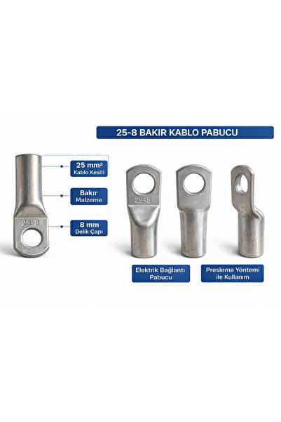 ByBuray 25-8 Bakır Kablo Pabucu | 25 mm² Kablo Ucu | 8 mm Delik Elektrik Bağl...