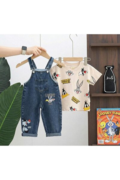 Mişsa Bebe Baskılı Çocuk Kot Salopet Trend 2 Parça Kombin 3-6 Yaş