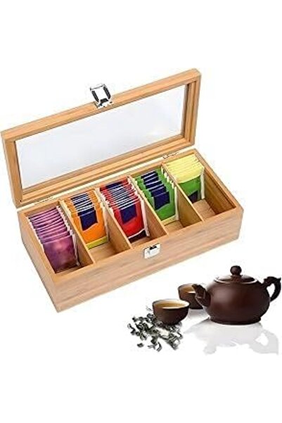 Arabest Tea Bag Organizer, Wooden Storage Chest with Transparent Lid, 5 Compa...