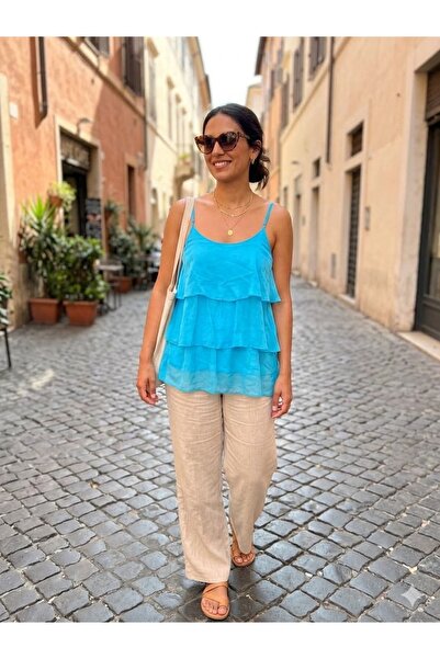 AYASOFYA OTANTIK Women's Italian Turquoise Layered Strap Dress 100% İ Silk Luz