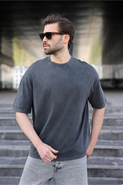 Madmext Black 100% Cotton Lu Oversized Men's T-Shirt E7178