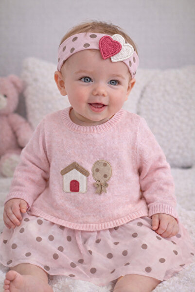 İNDİGO Baby Girl Pink Seasonal Dress and Knitted Bandana Set 23154