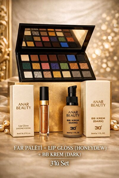 Anar Beauty 18 Renk Far Paleti + BB Krem (Dark) + Lip Gloss (Honeydew) 3 lü Set